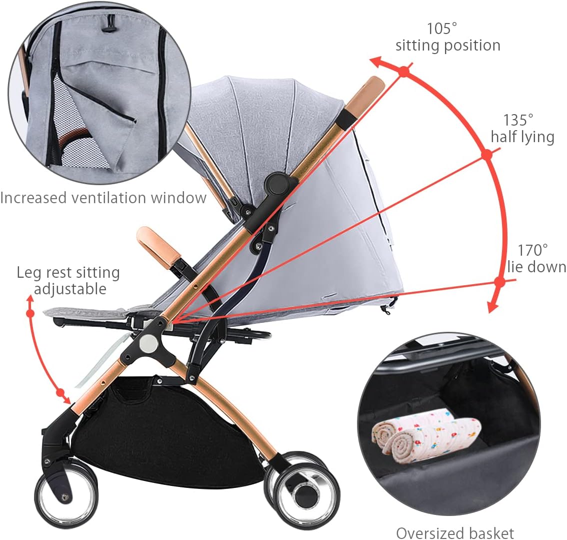 SONARIN Lightweight Travel Stroller – Compact, one-Hand Fold, 5-Point Harness, Smooth Wheels, Airplane-Ready