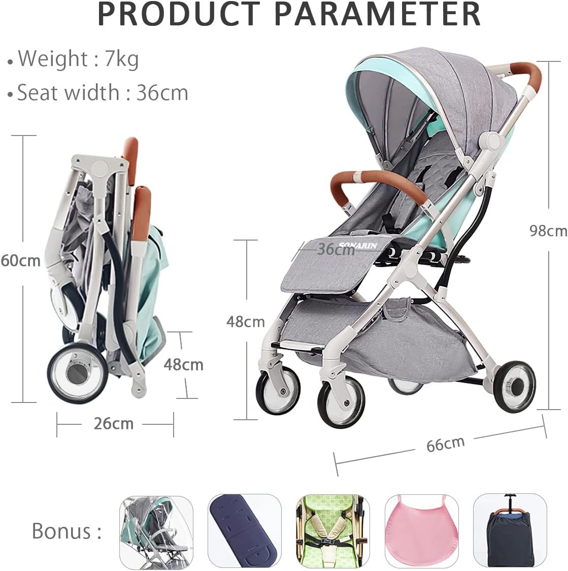 SONARIN Lightweight Travel Stroller – Compact, one-Hand Fold, 5-Point Harness, Smooth Wheels, Airplane-Ready