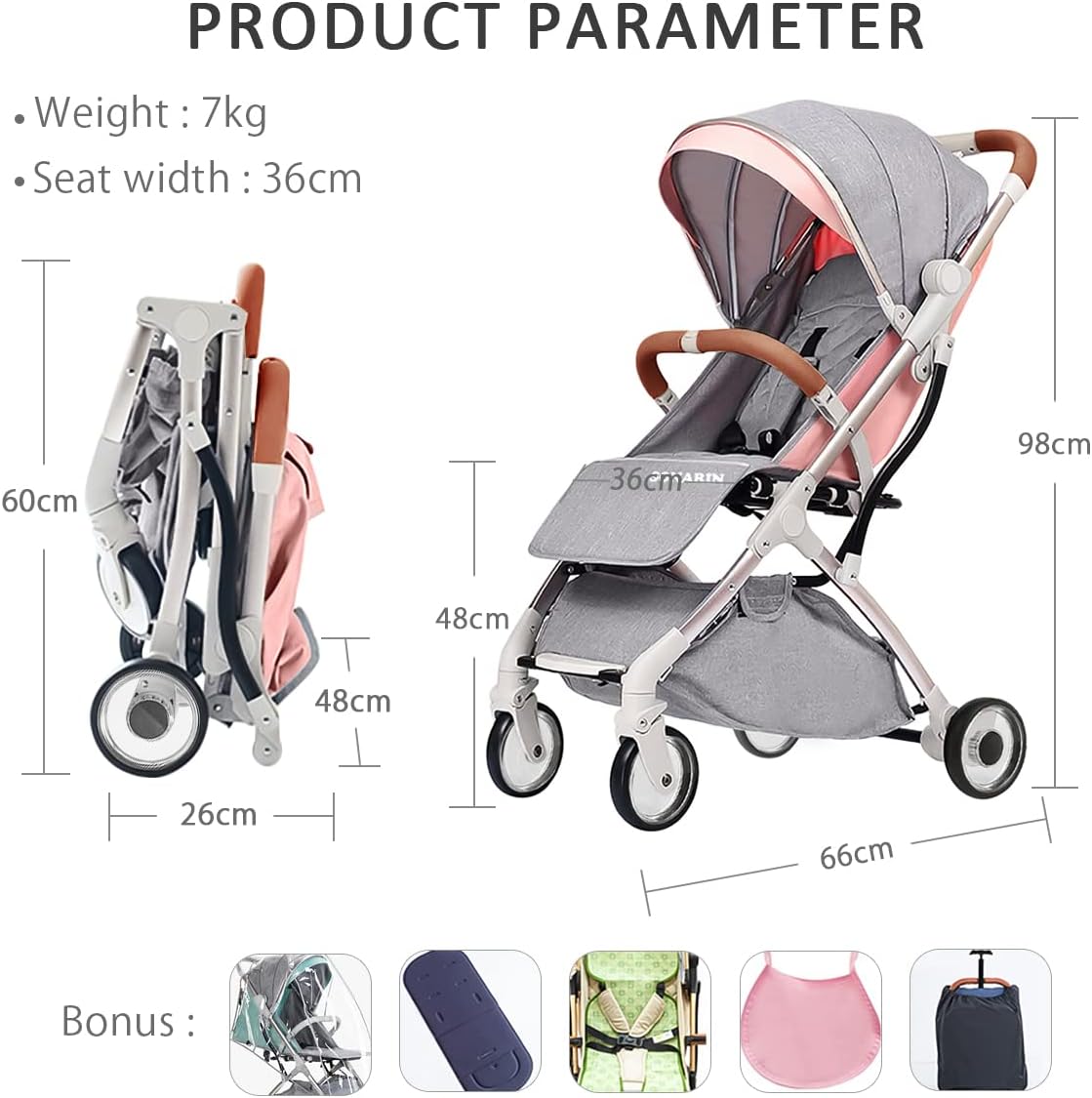 SONARIN Lightweight Travel Stroller – Compact, One-Hand Fold, 5-Point Harness, Smooth Wheels, Airplane-Ready (Dark Grey)