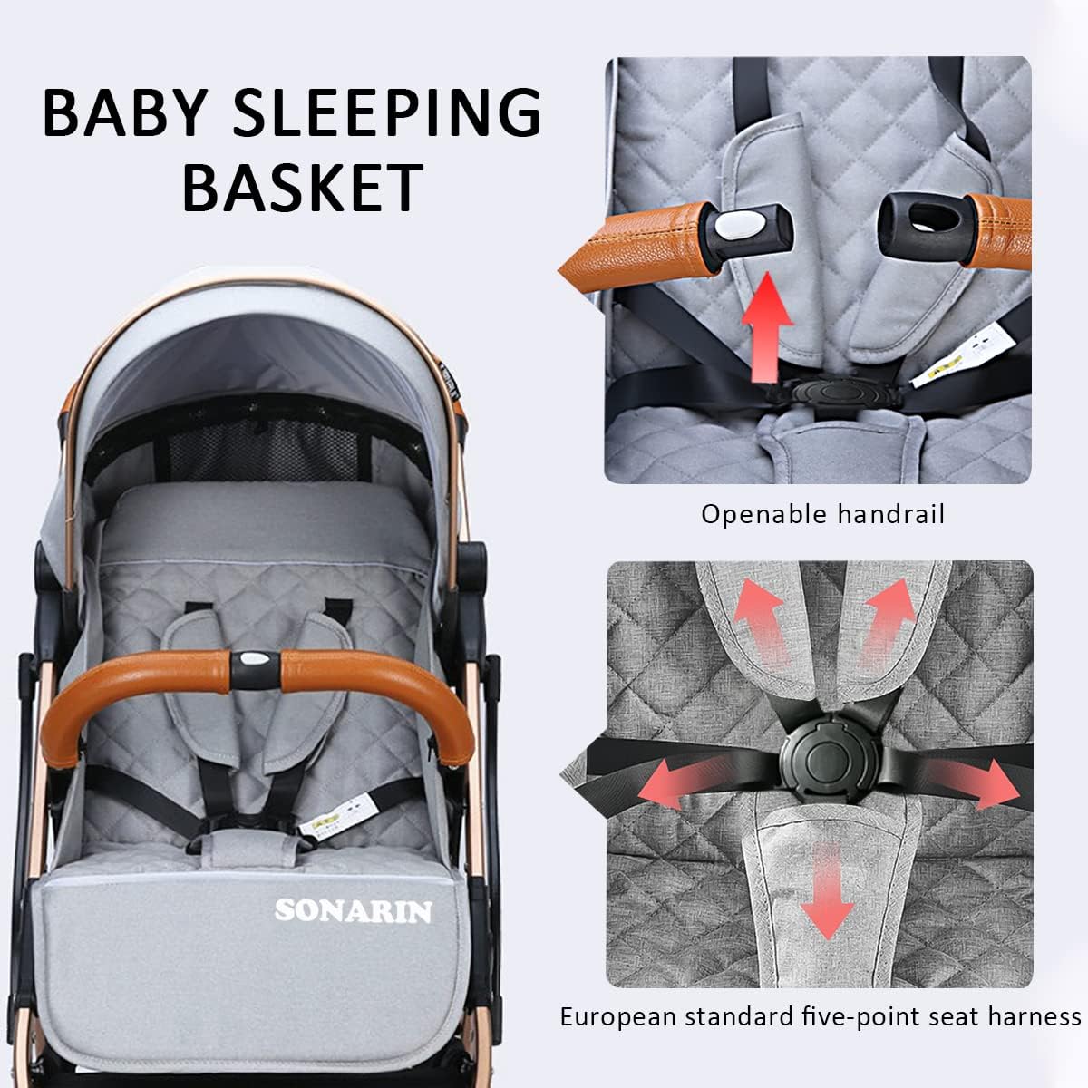 SONARIN Lightweight Travel Stroller – Compact, one-Hand Fold, 5-Point Harness, Smooth Wheels, Airplane-Ready