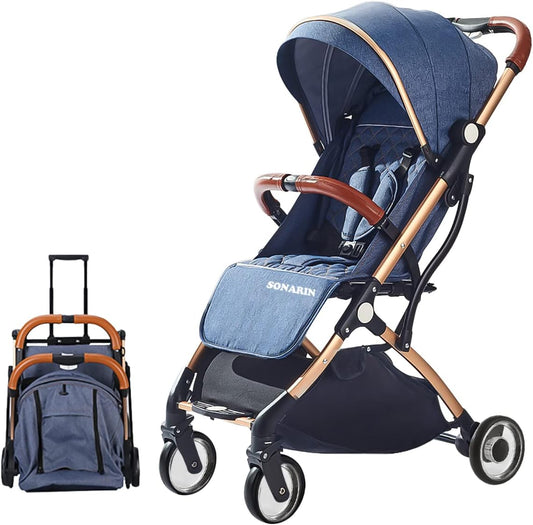 SONARIN Lightweight Travel Stroller – Compact, one-Hand Fold, 5-Point Harness, Smooth Wheels, Airplane-Ready