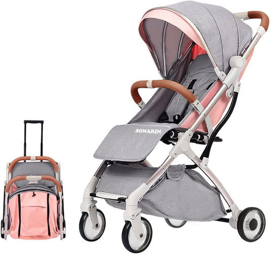 SONARIN Lightweight Travel Stroller – Compact, one-Hand Fold, 5-Point Harness, Smooth Wheels, Airplane-Ready