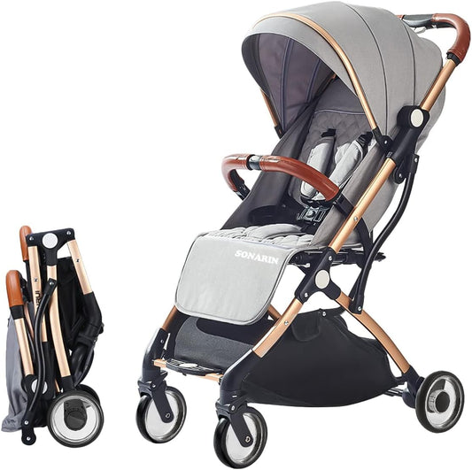 SONARIN Lightweight Travel Stroller – Compact, One-Hand Fold, 5-Point Harness, Smooth Wheels, Airplane-Ready (Dark Grey)