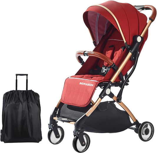 SONARIN Lightweight Travel Stroller – Compact, one-Hand Fold, 5-Point Harness, Smooth Wheels, Airplane-Ready